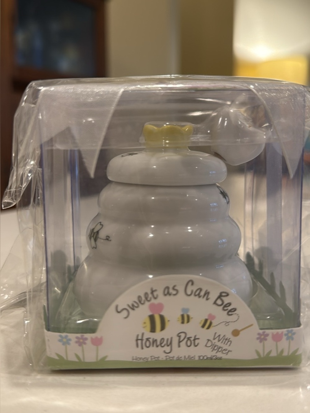 Sweet as Can Bee Honey Pot with Dipper - White and Yellow